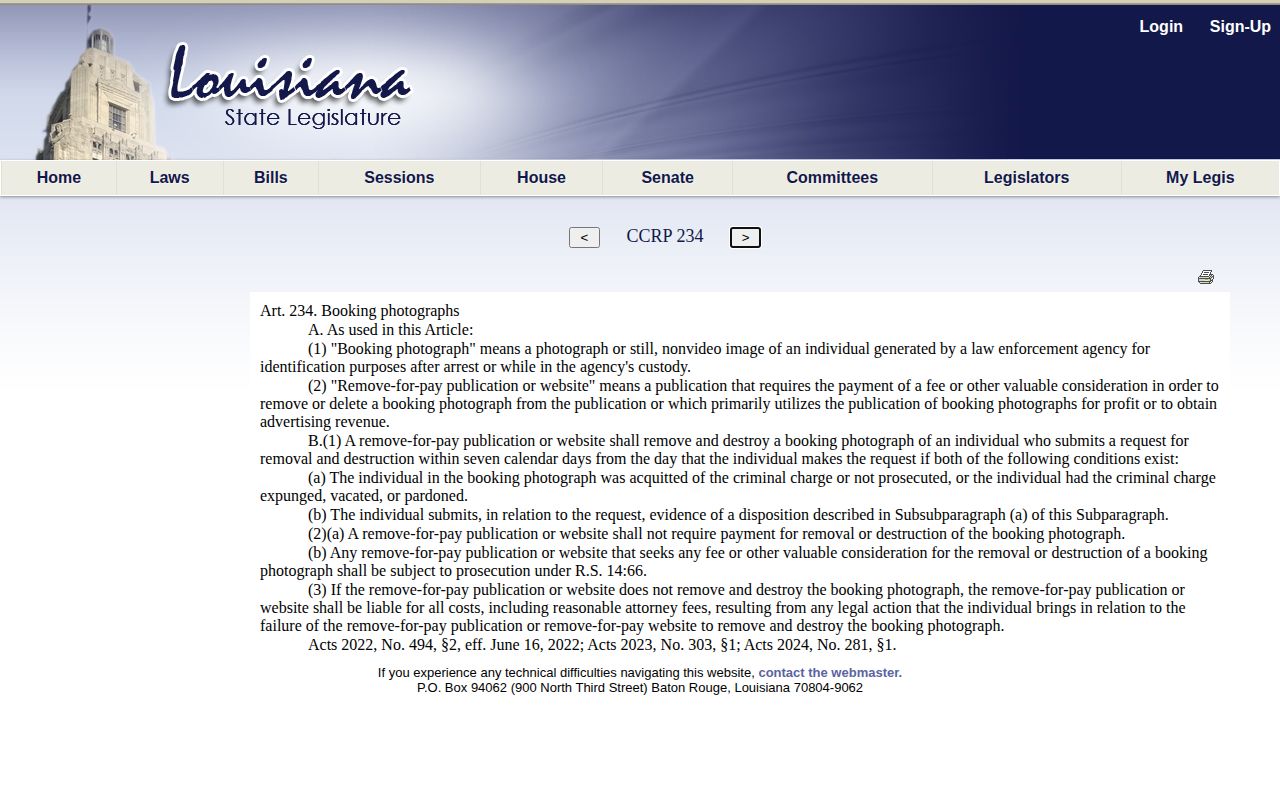 Louisiana booking photo law for Plaquemines Parish arrest records