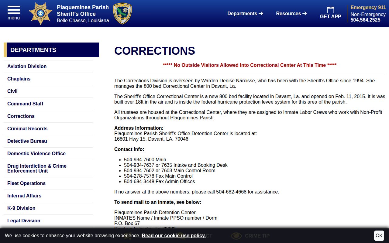 Plaquemines Parish detention center arrest booking contact page