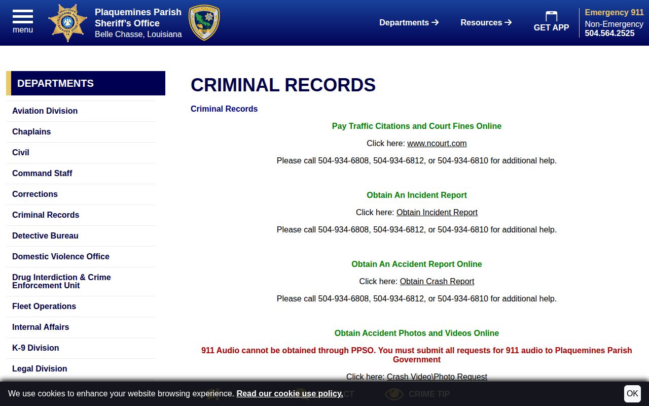 Plaquemines Parish arrest report and mugshot request page