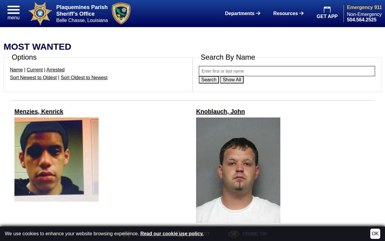 Plaquemines Parish Sheriff arrest warrant wanted search