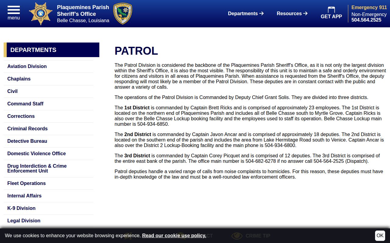 Plaquemines Parish Sheriff patrol districts and booking route information